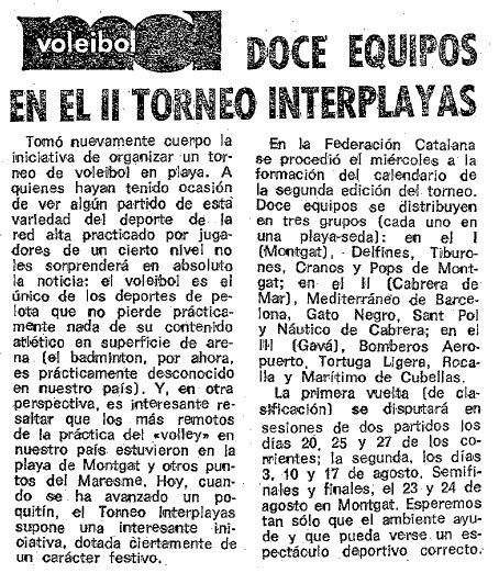 Notcia sobre la participaci d'un equip de 'La Tortuga Ligera' de Gav Mar en el segon torneig interplatges de voleibol-platja, publicada al diari EL MUNDO DEPORTIVO (5 de Juliol de 1975)